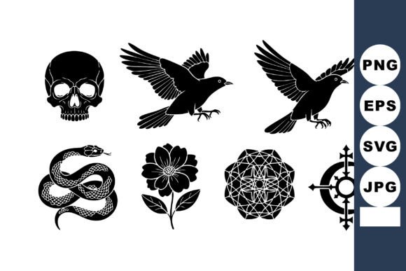 Black Gothic Skull, Bird & Snake Vector