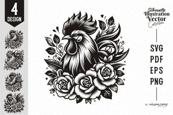 Floral Rooster Silhouette Vector: Elevating Design with Bold Elegance