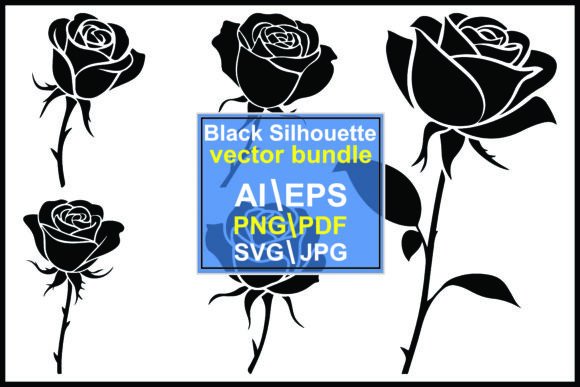 Silhouette Roses with Stems and Leaves