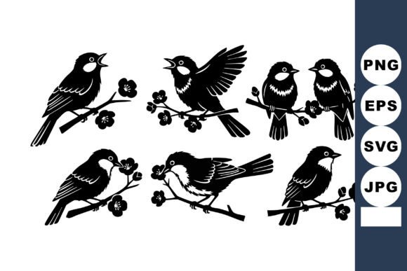 Small Birds Perched on Flowering Branche: Elevating Design with Elegant Silhouette Art