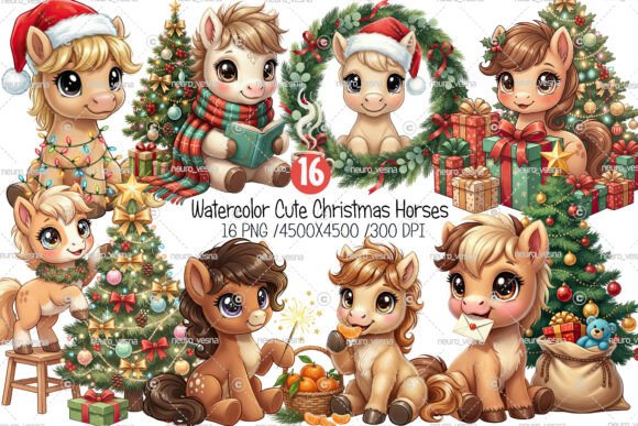 Watercolor Cute Christmas Horses Clipart